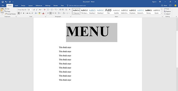 Nhập nội dung cho menu